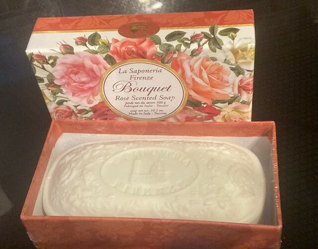 2 bars of rose-scented handmade soap, one from South of France, one from Tuscany
