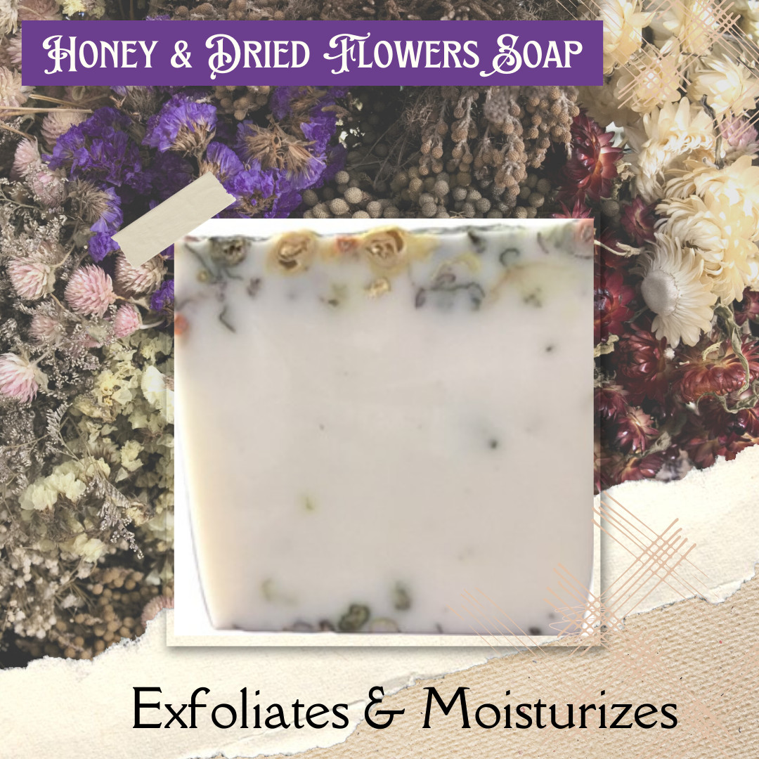 Handmade Honey and Dried Flowers Soap. Exfoliates, Moisturizing, Cleansing