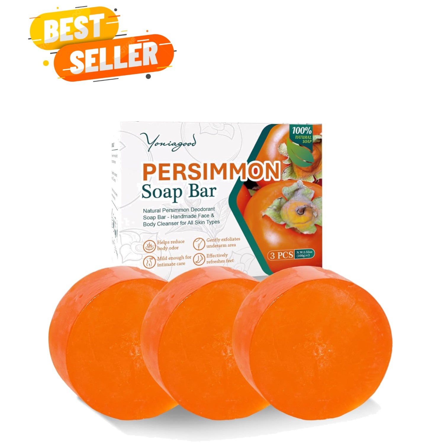 3 PCS Persimmon Soap for Body Odor Control, Organic Eliminating Odor Wash Soa…