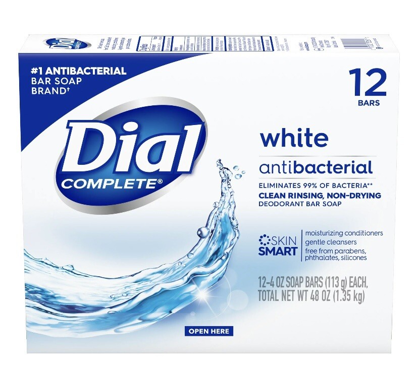 Dial Antibacterial Deodorant Soap, White, refresh and renew 3.2 Ounce 12 Bars