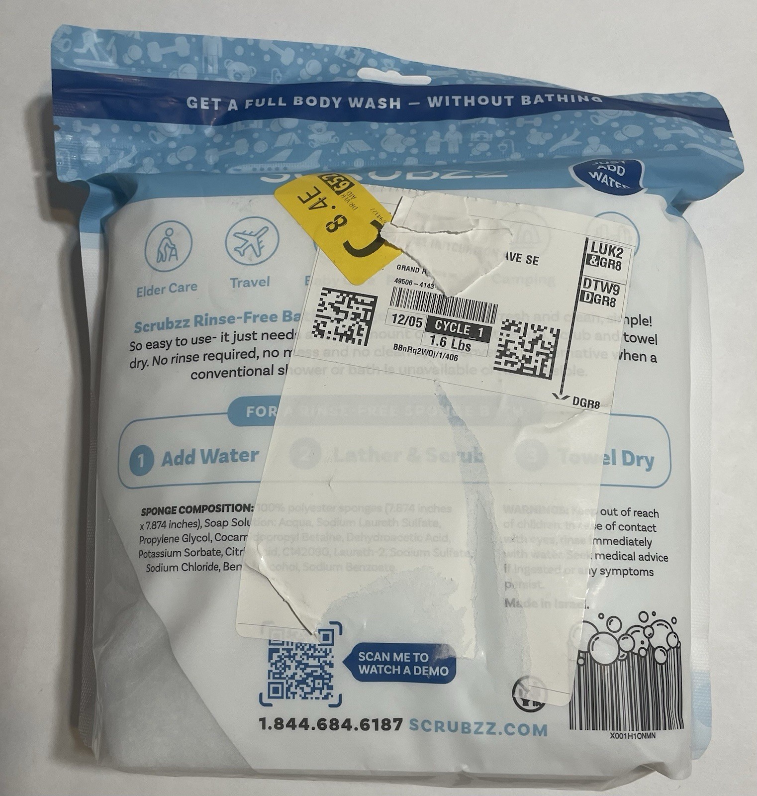 New SCRUBZZ RINSE-FREE BATH SPONGES Unscented 25-pack