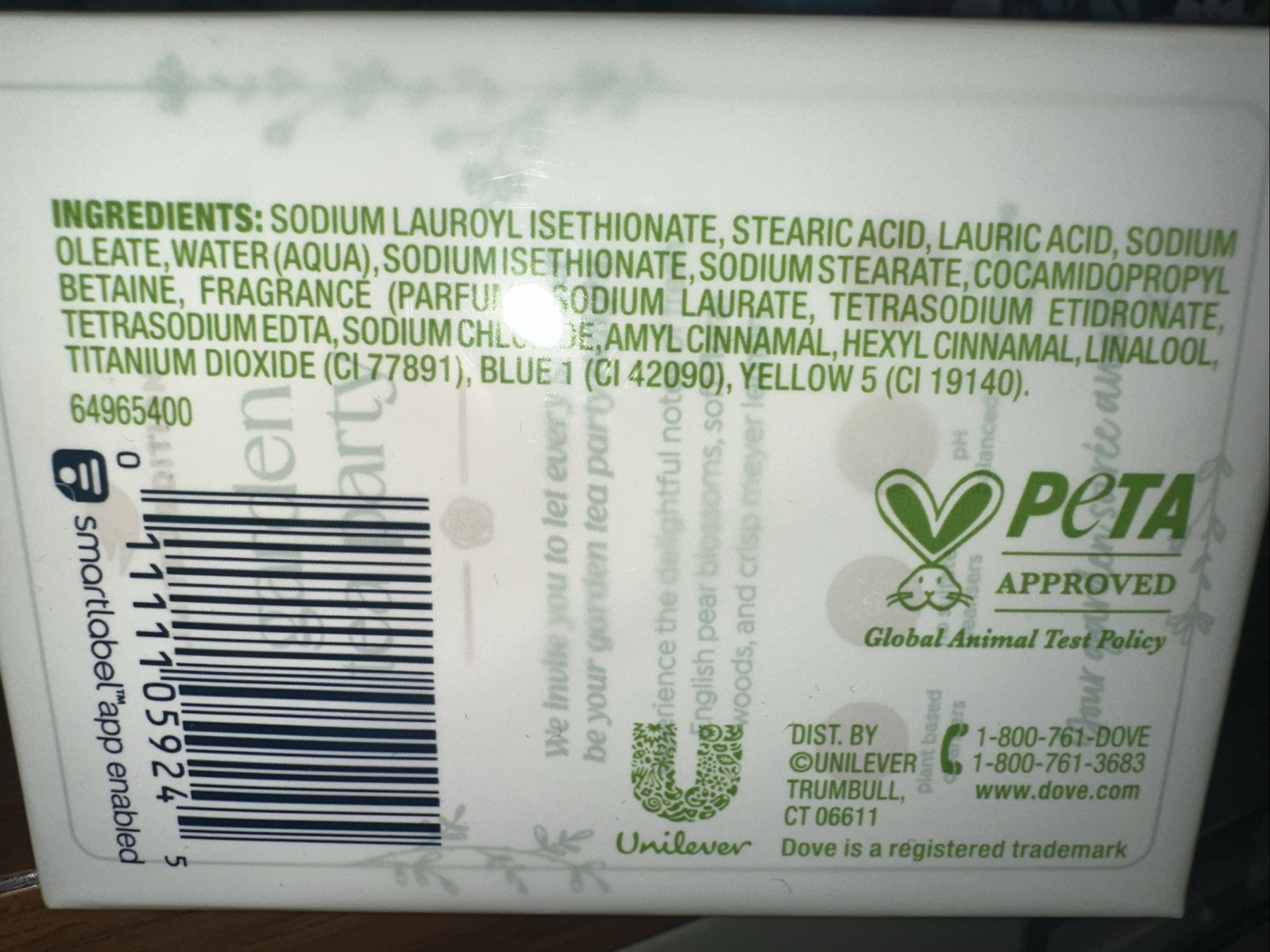 DOVE–8 BARS GARDEN TEA PARTY English Pear Blossom LTD ED- EACH 3.75oz Bar Soap