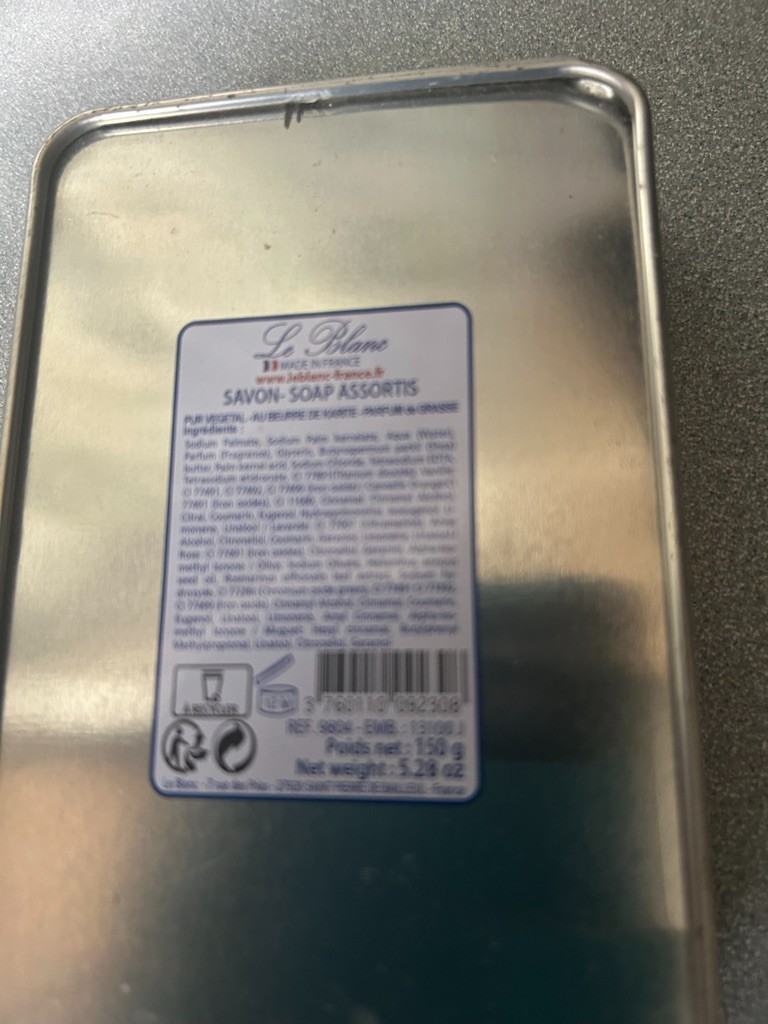 NEW LE BLANC “SAVONS D’INVITE” GUEST SOAP SET DECORATIVE METAL TIN 150 g FRANCE