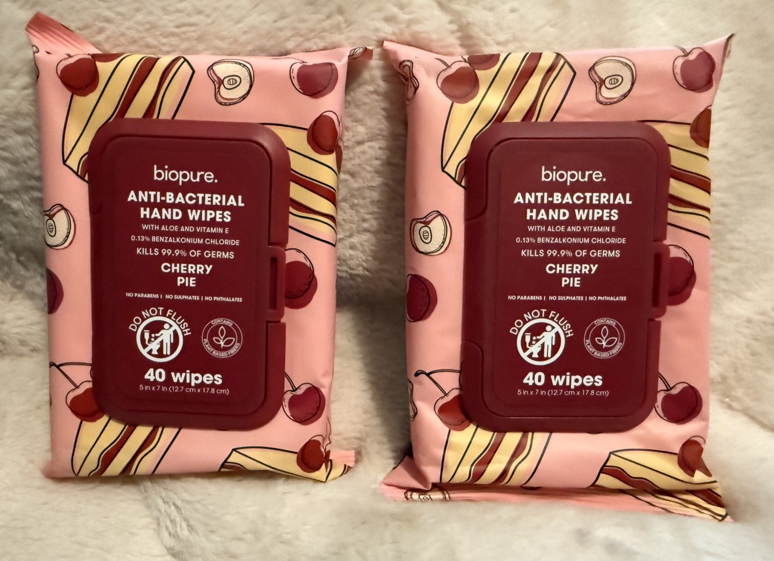BIOPURE 2 Pack Anti-Bacterial Hand Wipes CHERRY PIE 80 Count NEW