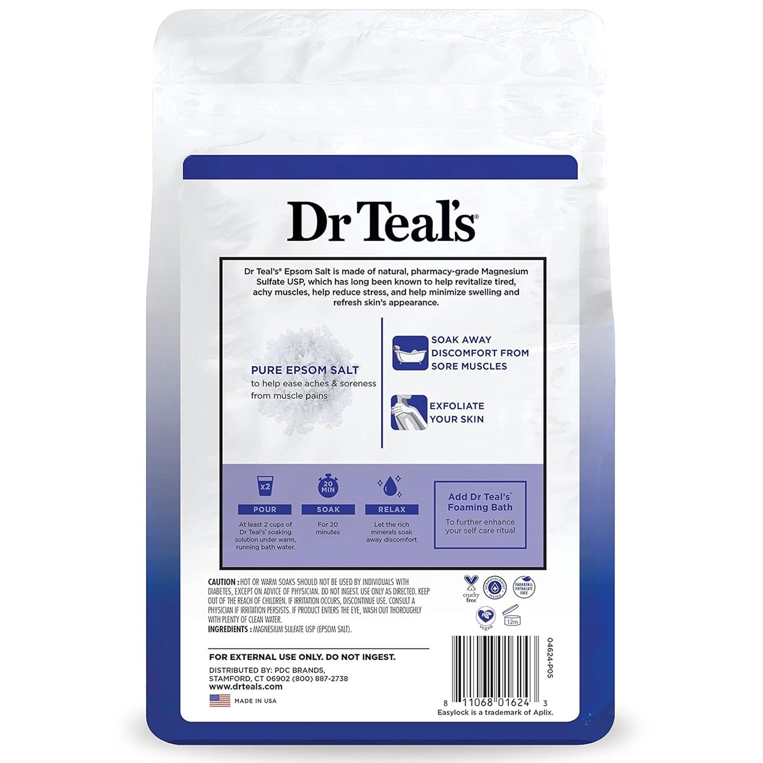 Dr Teals Epsom Salt Soaking Solution Unscented 4 LB|Case of 4