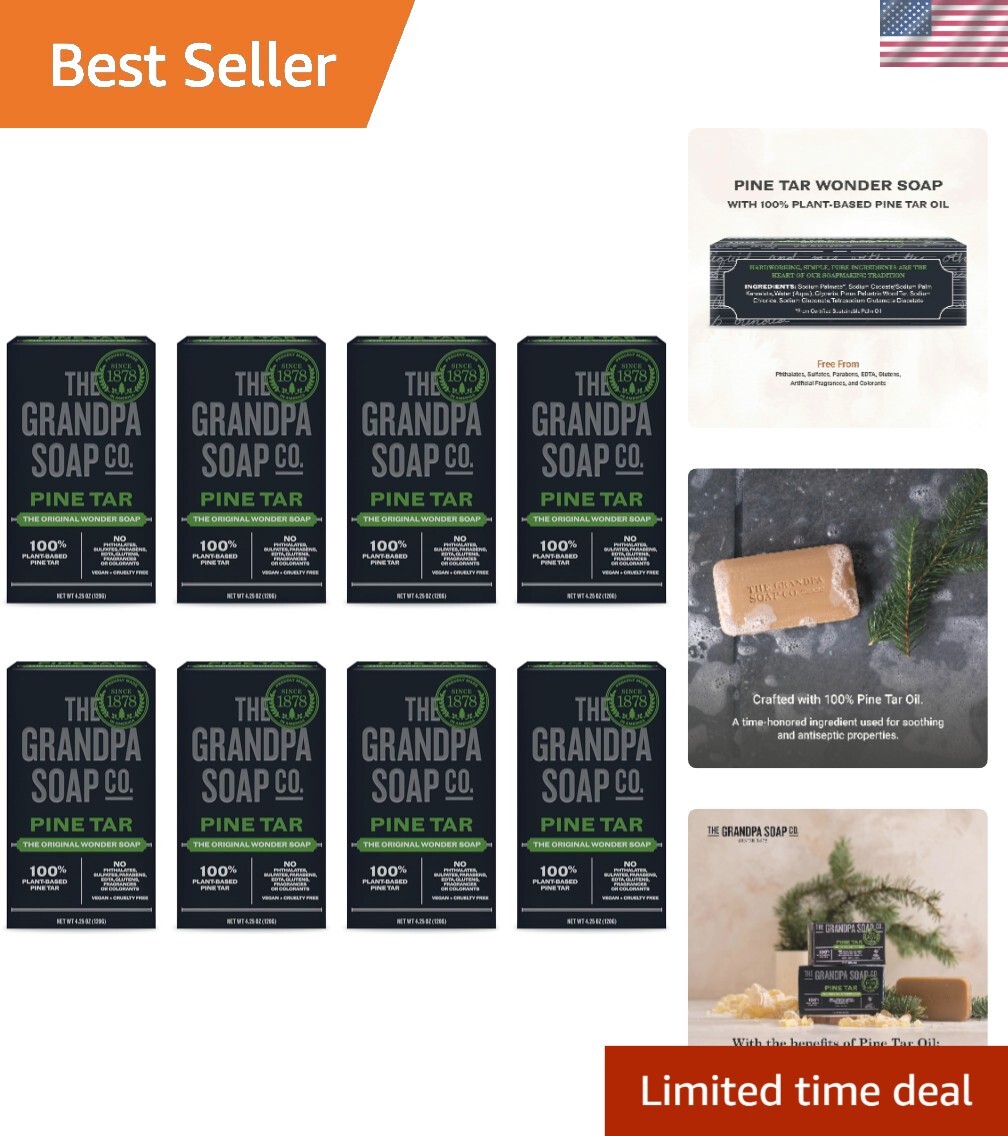 3-in-1 Pine Tar Soap for Men – Vegan and Cruelty-Free, 4.25 Oz Bars, 8 Pack
