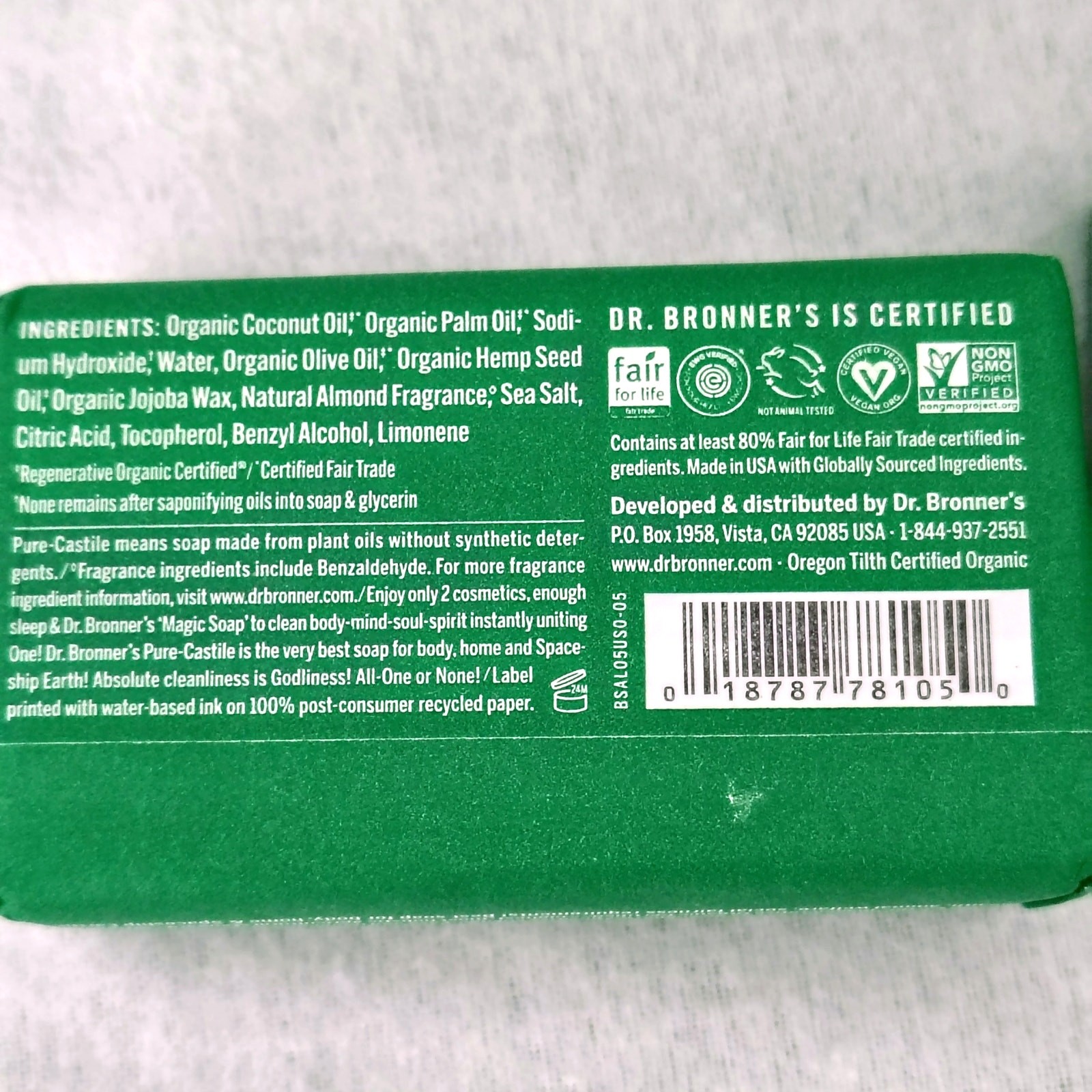 Dr. Bronners Pure Castille Magic Bar Soap Almond 5 oz. Body Face Hands Lot of 2