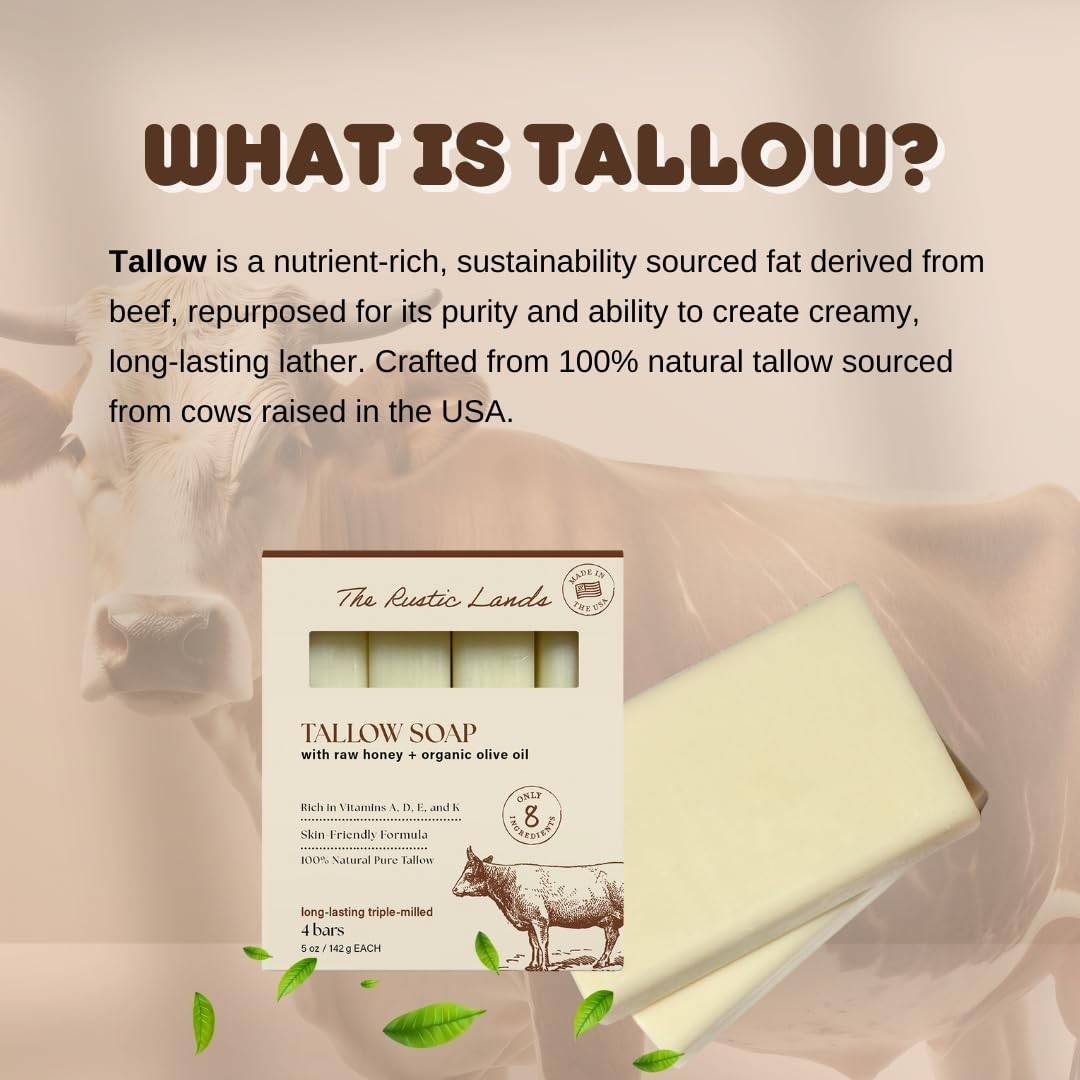 THE RUSTIC LANDS Grass Fed Beef Tallow Soap Bars Set of 4 with Honey & Olive Oil