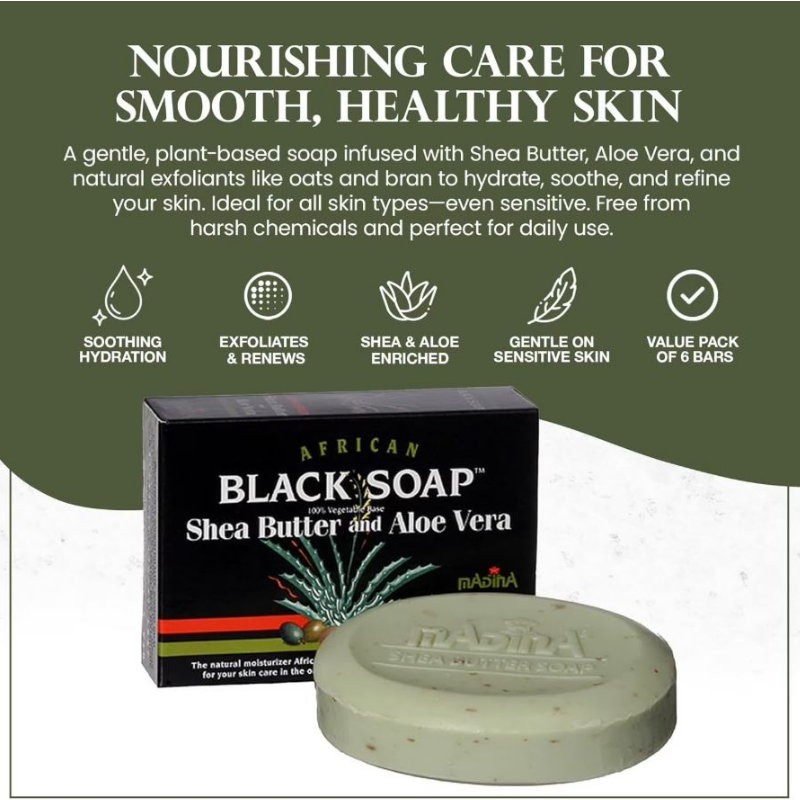 African Black Soap Bars 3.5oz, Shea Butter/Aloe Vera and Cocoa Butter/Vitamin E
