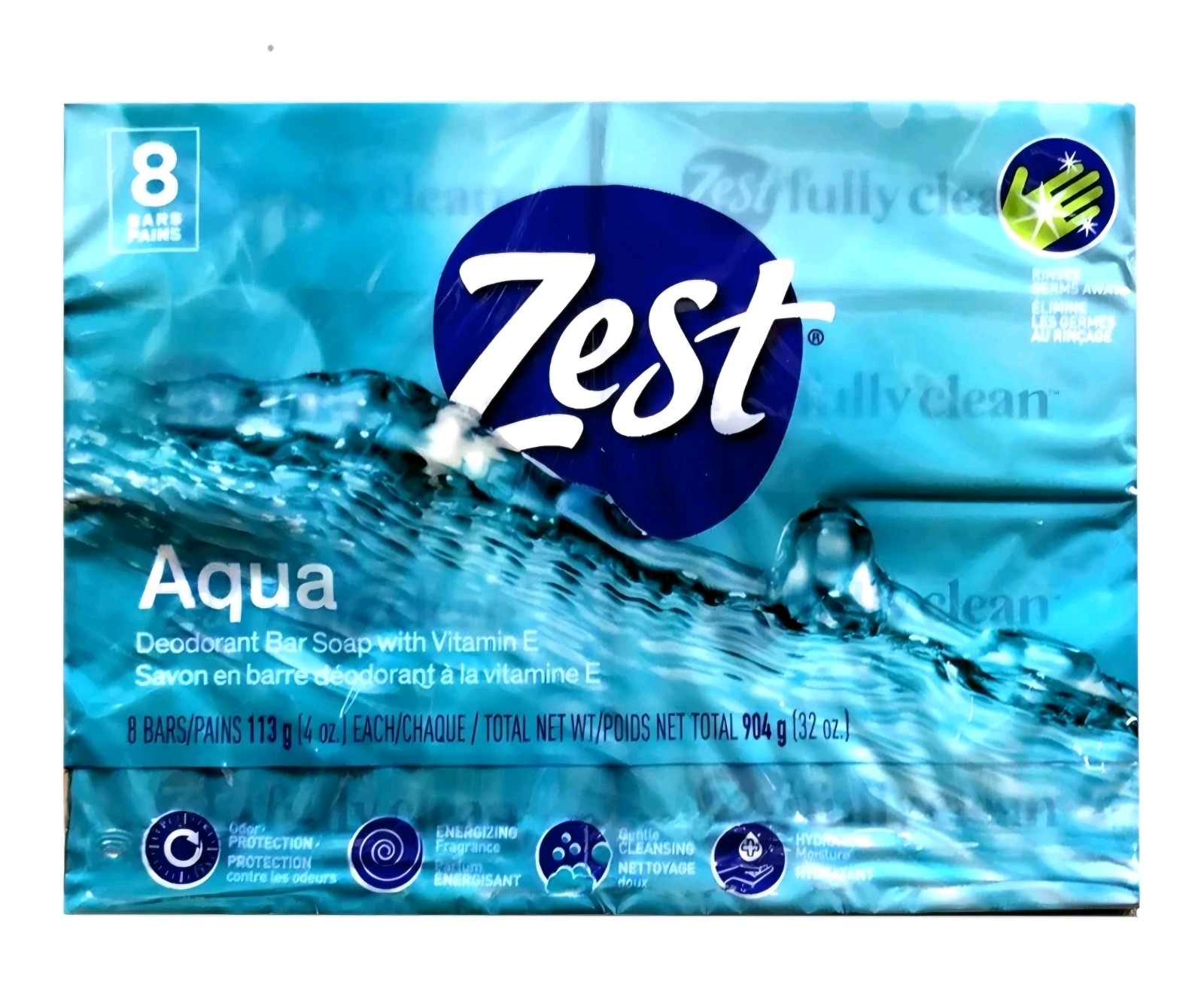 Zest Deodorant Bar Soap, Hydrating Moisture for All Skin Types, Aqua, 16 Bars
