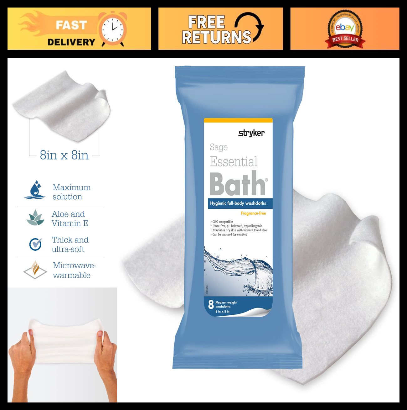 Ultra-Soft Rinse-Free Bath Cleansing Washcloths – 8 Fragrance-Free Wipes