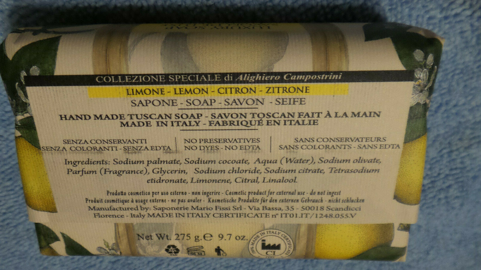 Lemon Luxury Soap Bar Saponerie Mario Fissi Hand Made Made Italy 10.5 oz New