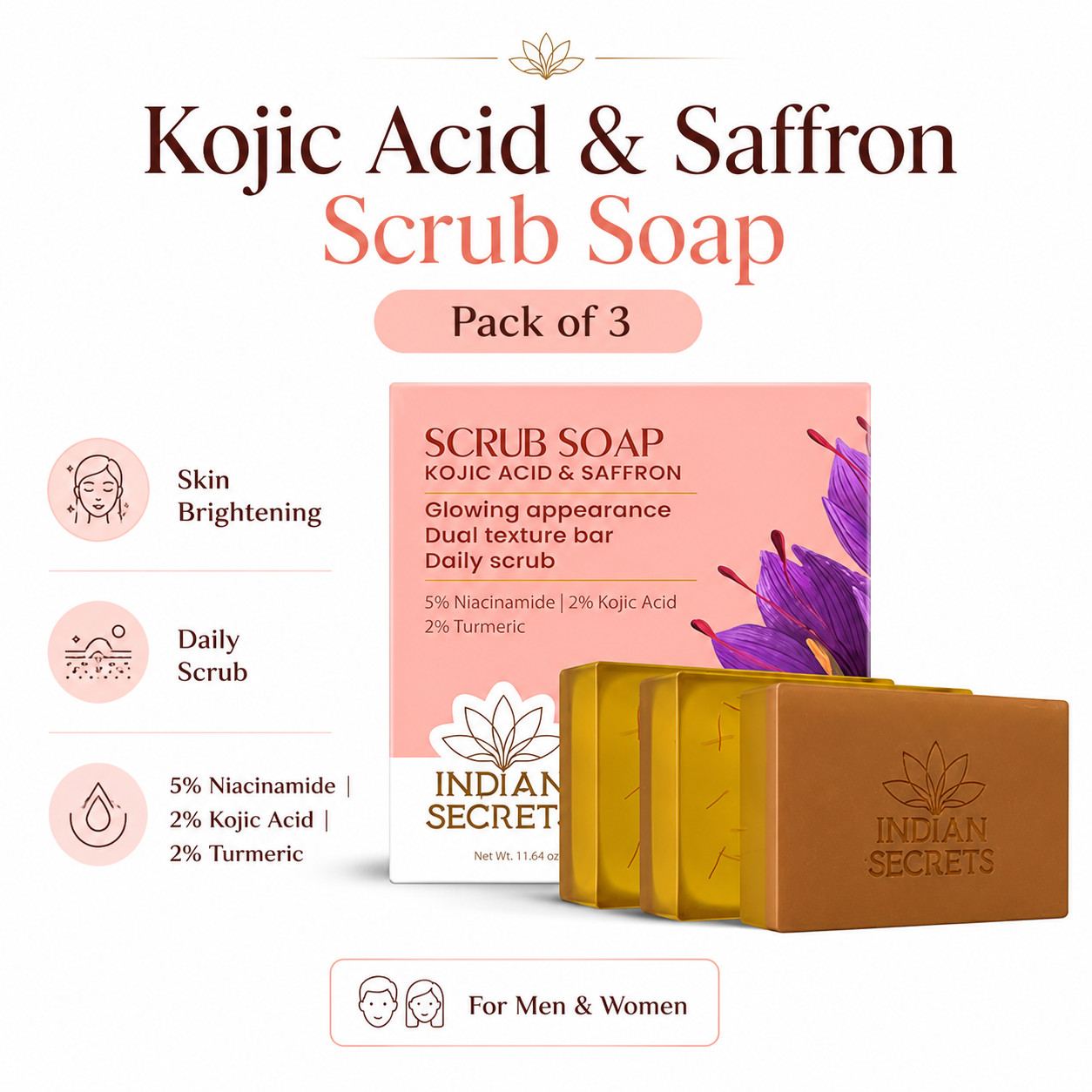 Kojic Acid Saffron Detan Scrub Soap Brightening Bath Bar Pack of 3 FS
