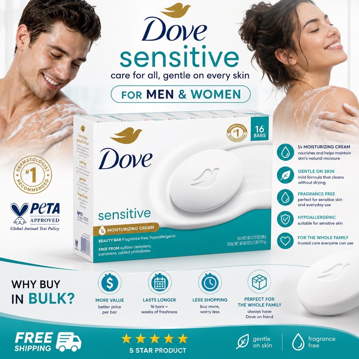 Dove Moisturizing Gentle Beauty Bar Soap Sensitive Skin, 3.75 oz, 16 Bars