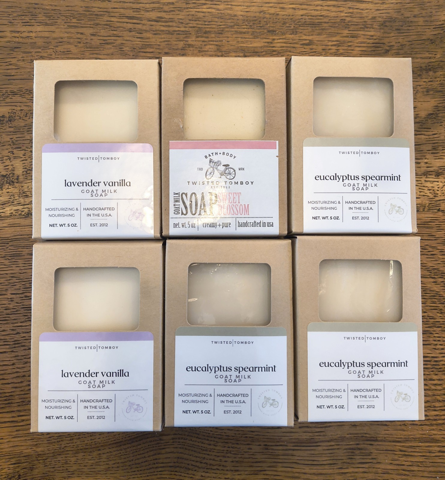 6 Goat’s Milk Soap Bars by Twisted Tomboy 5 oz Each New In Box Variety Of Scents