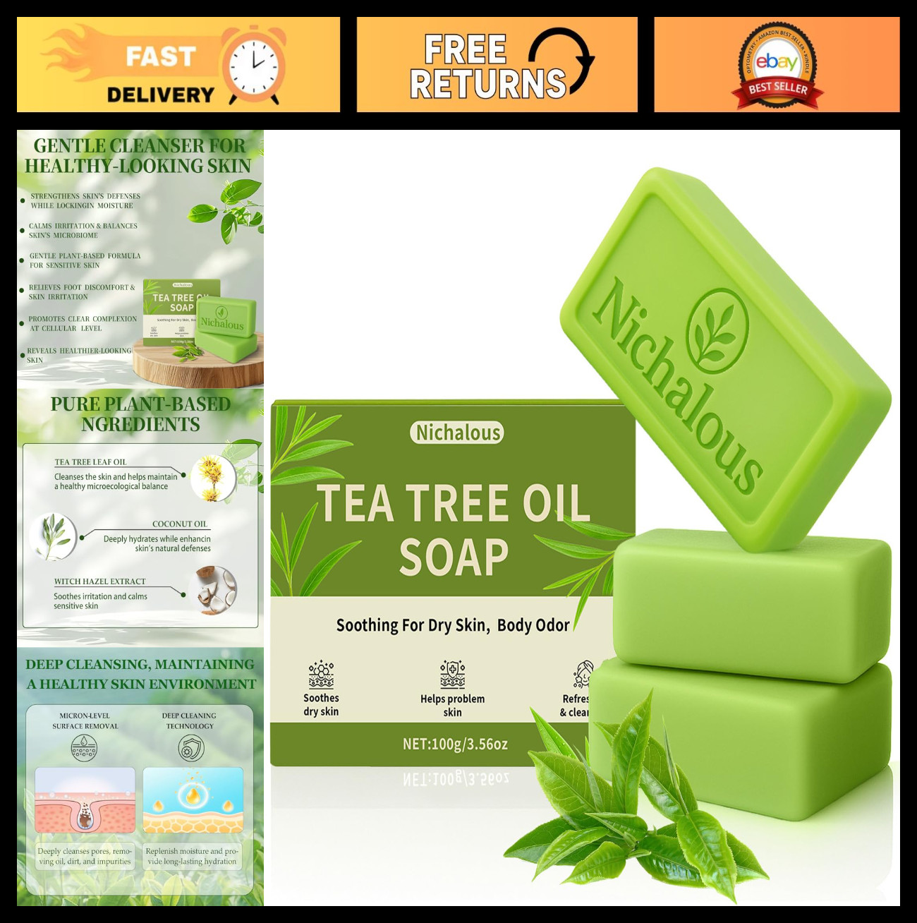 3PCS Tea Tree Oil Soap Bars – Purifying Body & Face Cleanser, Plant-Based, Gentl