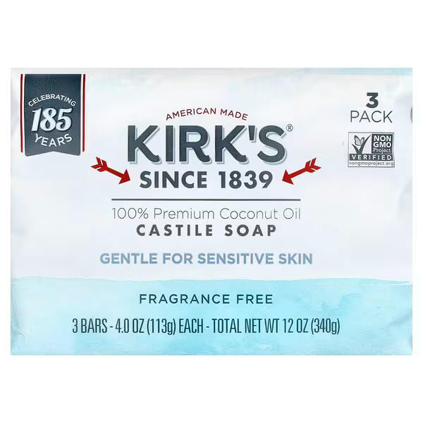 Kirk’s Natural Gentle Castile Bar Soap Fragrance Free 3 Bars Each (Pack of 6)