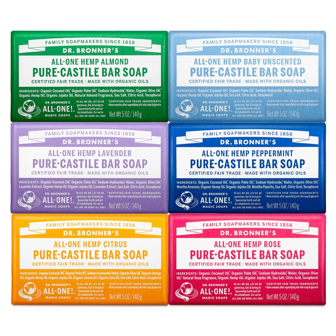 Dr Bronner’s Pure Castile Bar Soap Variety Pack 6 Scents 5 Ounce Bars Vegan