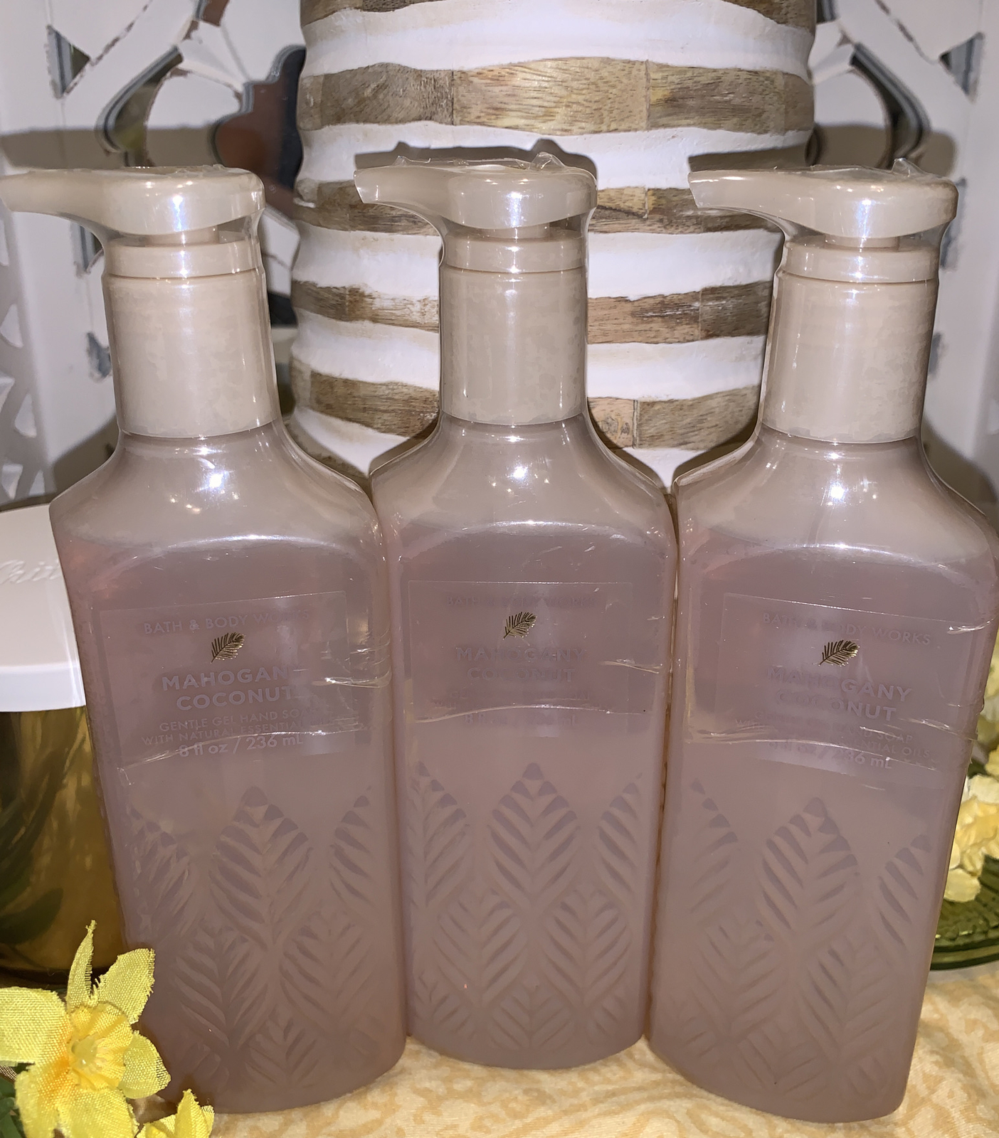 Bath & Body Works Gentle Gel Hand Soap Lot Set 3 MAHOGANY COCONUT w/ essen. oils