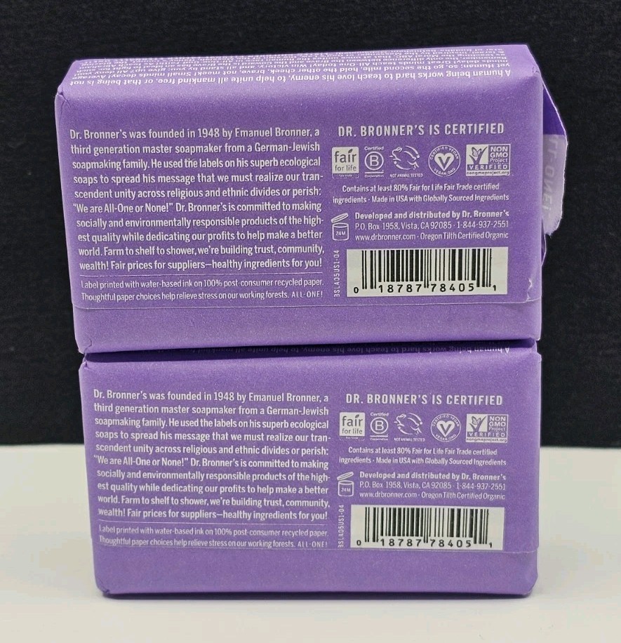 2-Pack Dr Bronner’s Pure Castile Magic Bar Soap Rich Lather Organic Oils New