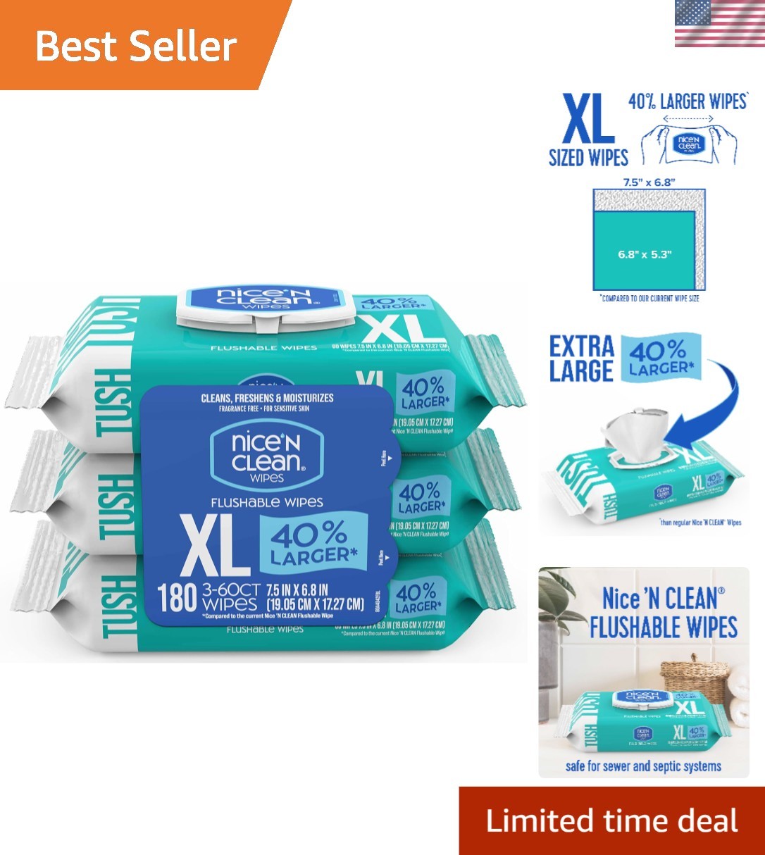 Extra Large Flushable Wipes | 40% Larger | Unscented, Hypoallergenic Comfort