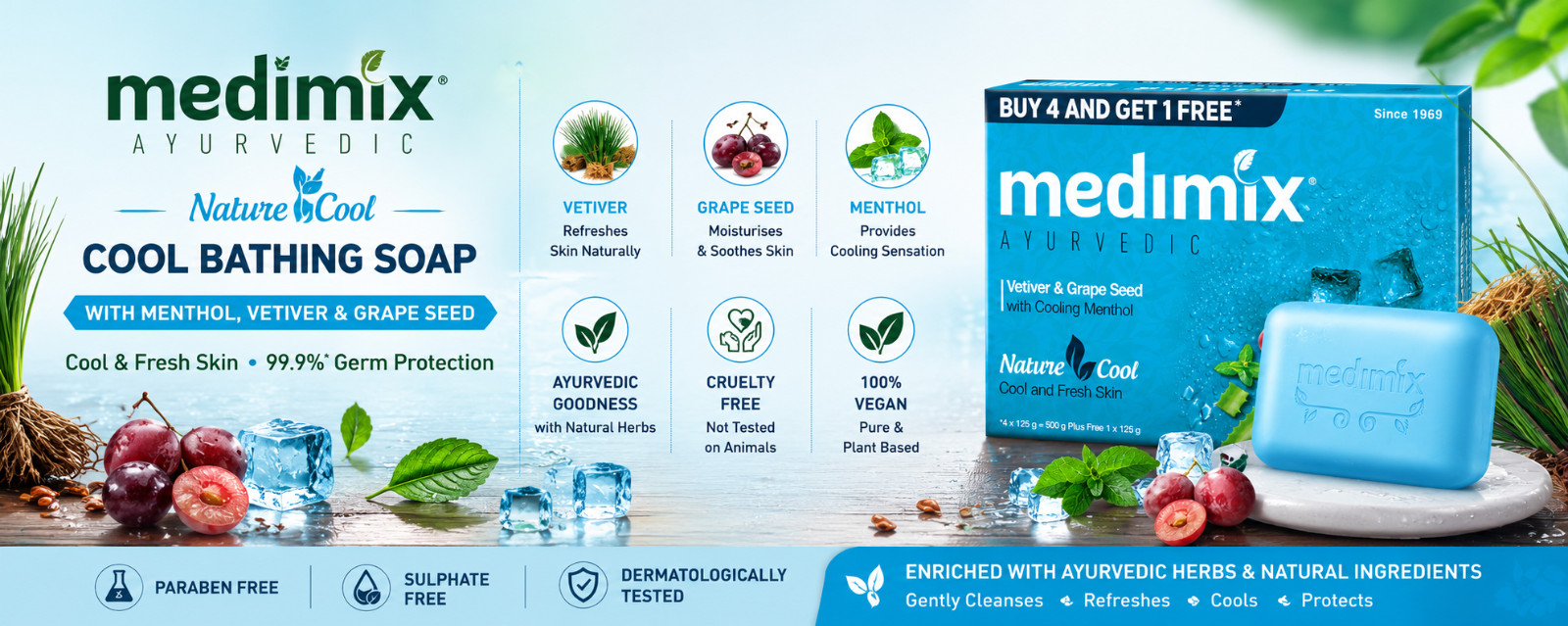 🔥Medimix Cooling Ayurvedic Soap Pack of 5 | Vetiver Menthol Grape Seed | 625g🔥