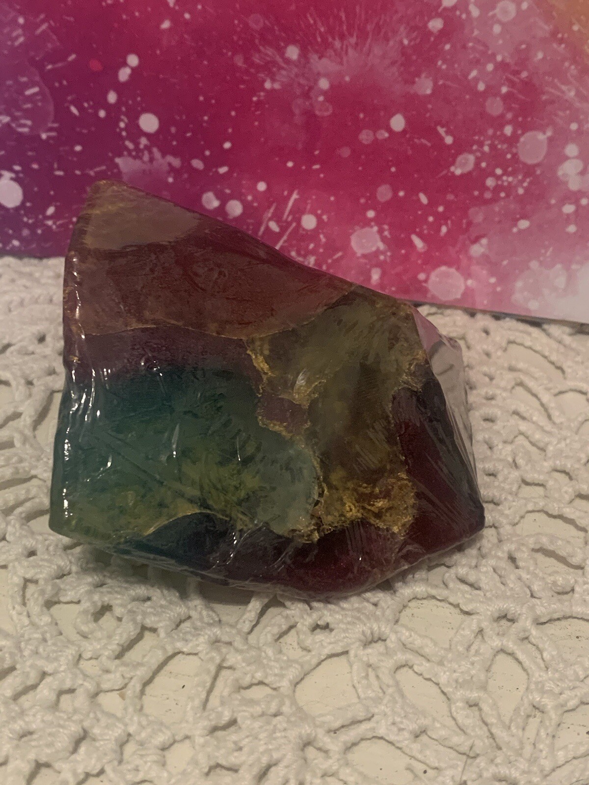 New sealed TS Pink Soap rocks-rainbow fluorite- gemstones-scented teal fuchsia