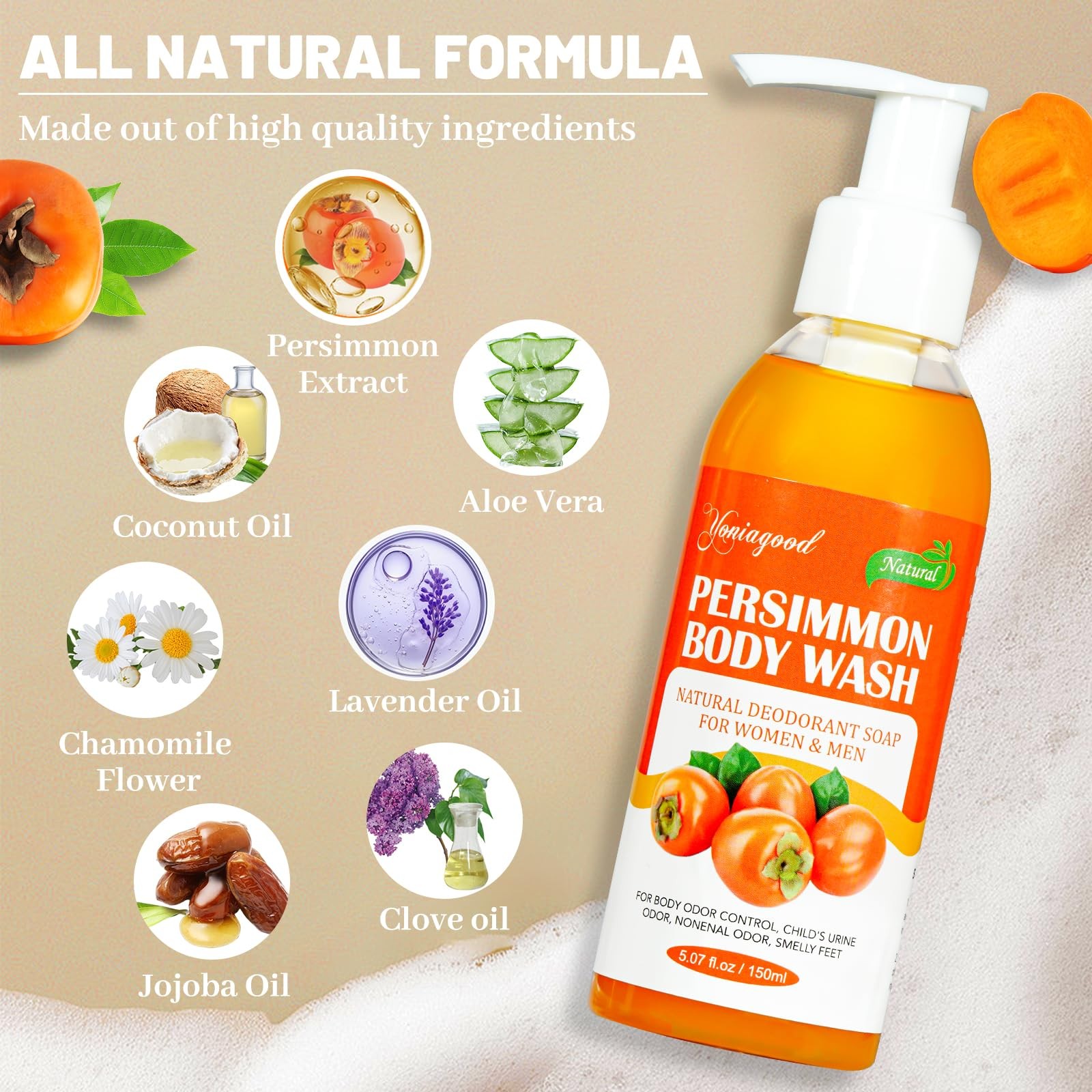 yoniagood 2 PCS Persimmon Body Wash for Strong Odor 5.07 Fl Oz (Pack of 2)