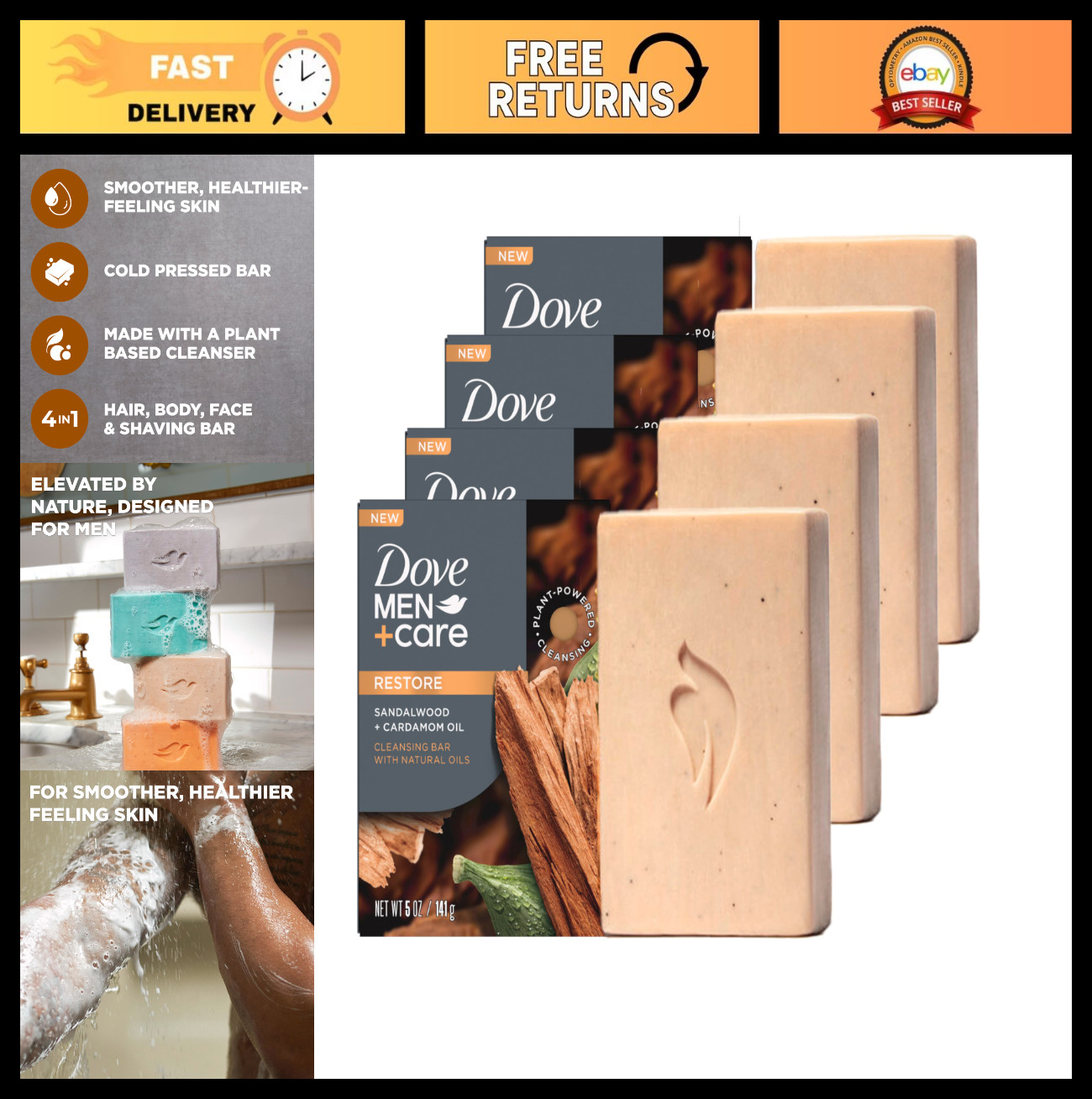Sandalwood & Cardamom Men’s Cleansing Bar Soap – 4in1 Hair, Body, Face & Shave –