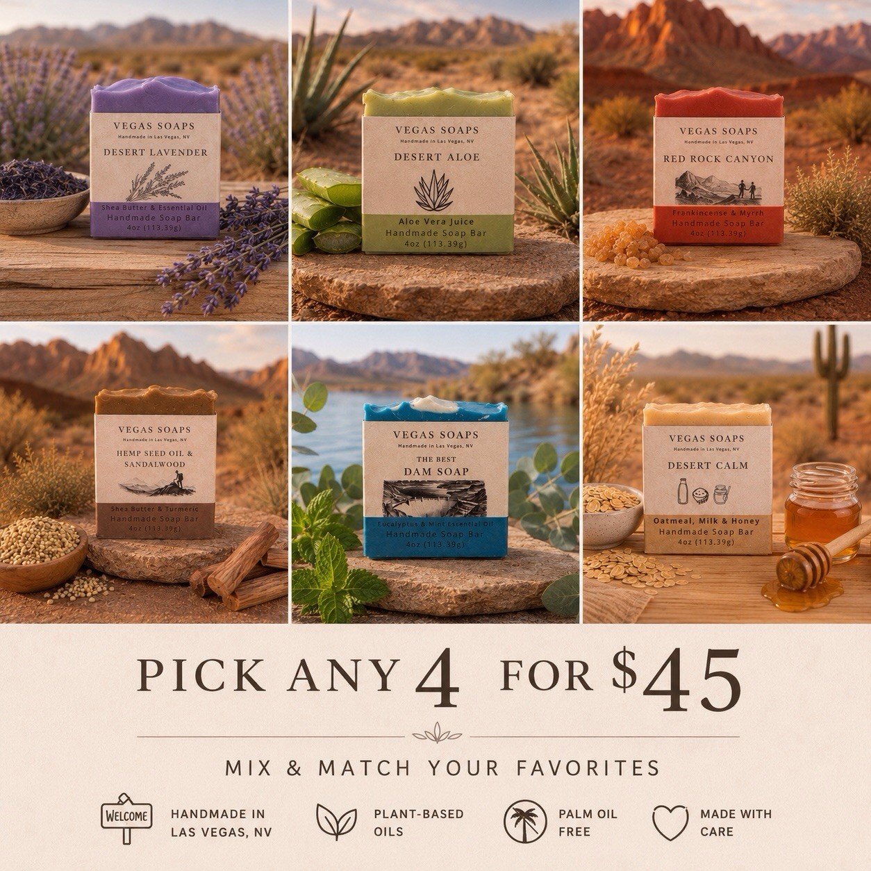 Vegas Soaps Choose Any 4 For $45 Handmade Soap Bars Plant-Based Oils Palm-Free