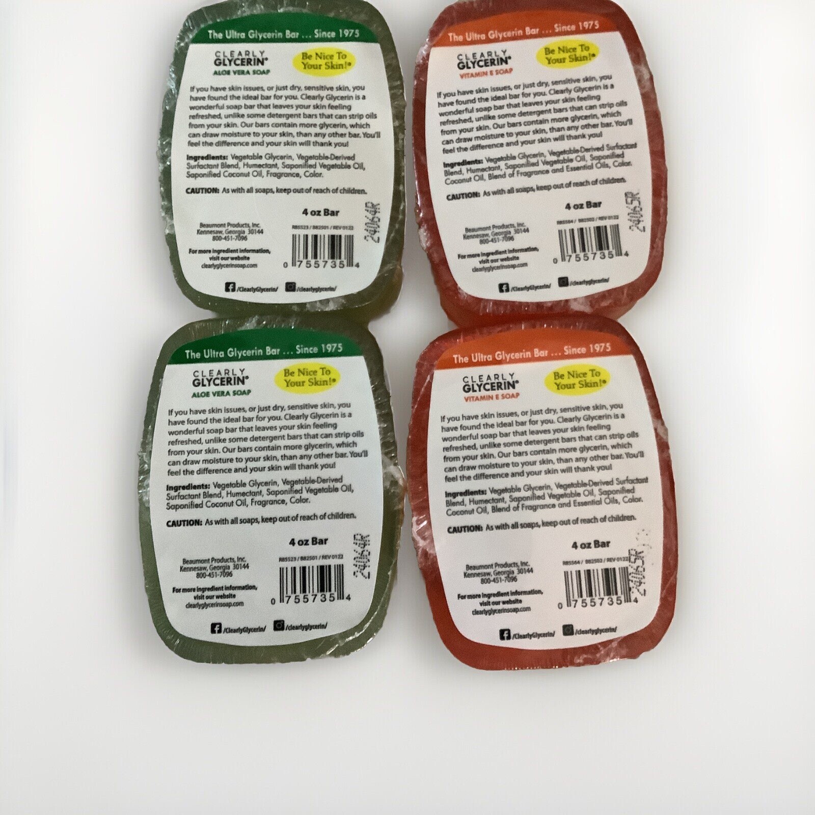 Clearly Glycerin (Pack Of 4) Vitamin E , Aloe Vera Soap, Soap 4 Oz Each :