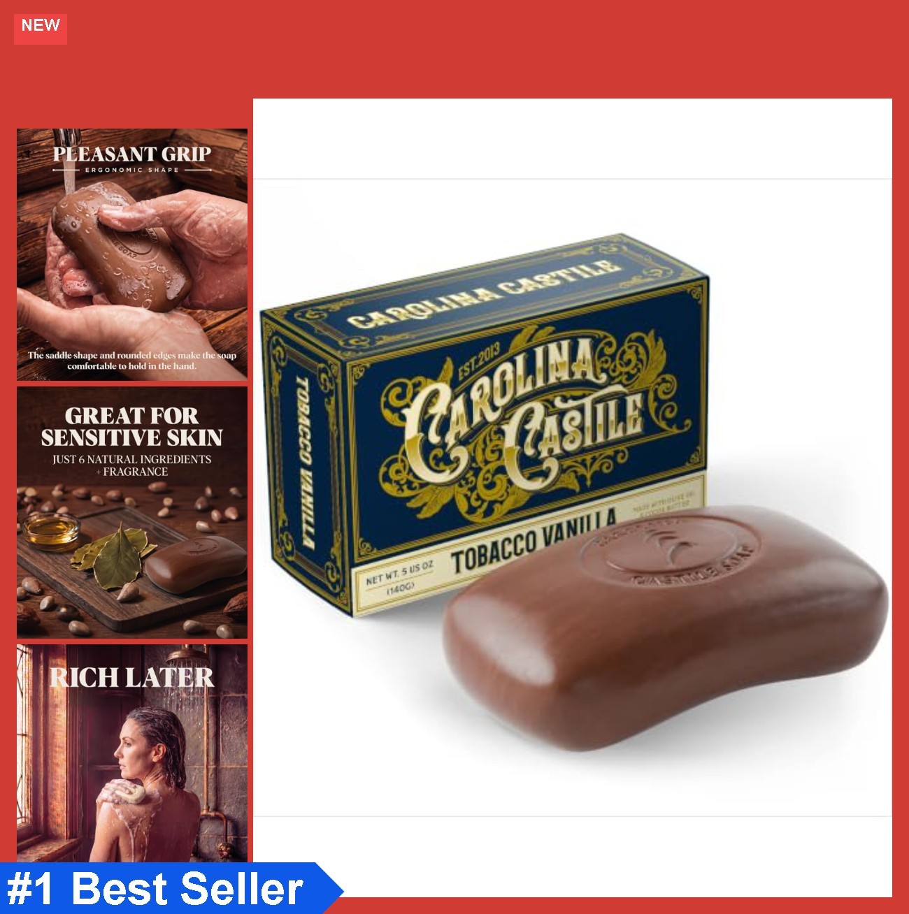 Body Wash Bar Soap for Sensitive Skin 5 oz Tobacco Vanilla Triple Milled Olive