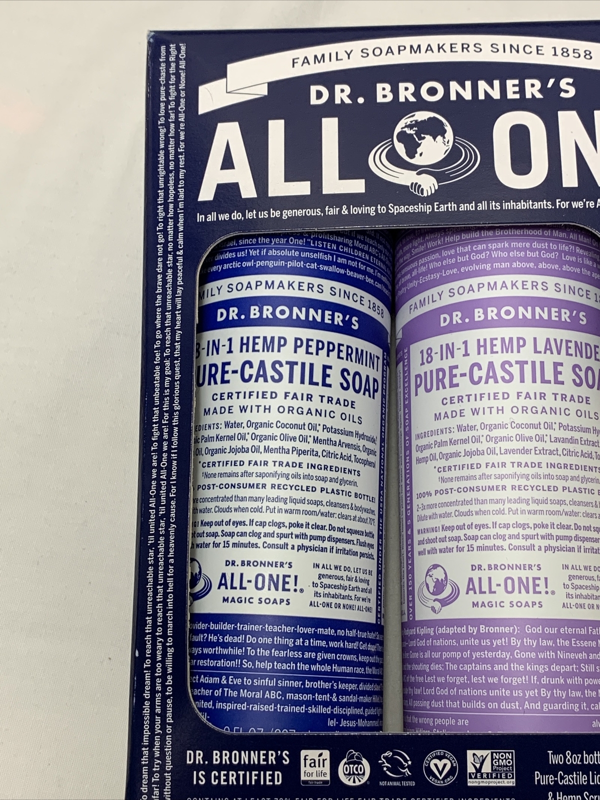 Dr Bronners Organic Liquid Soap Gift Set Peppermint Lavender Scrub Pad