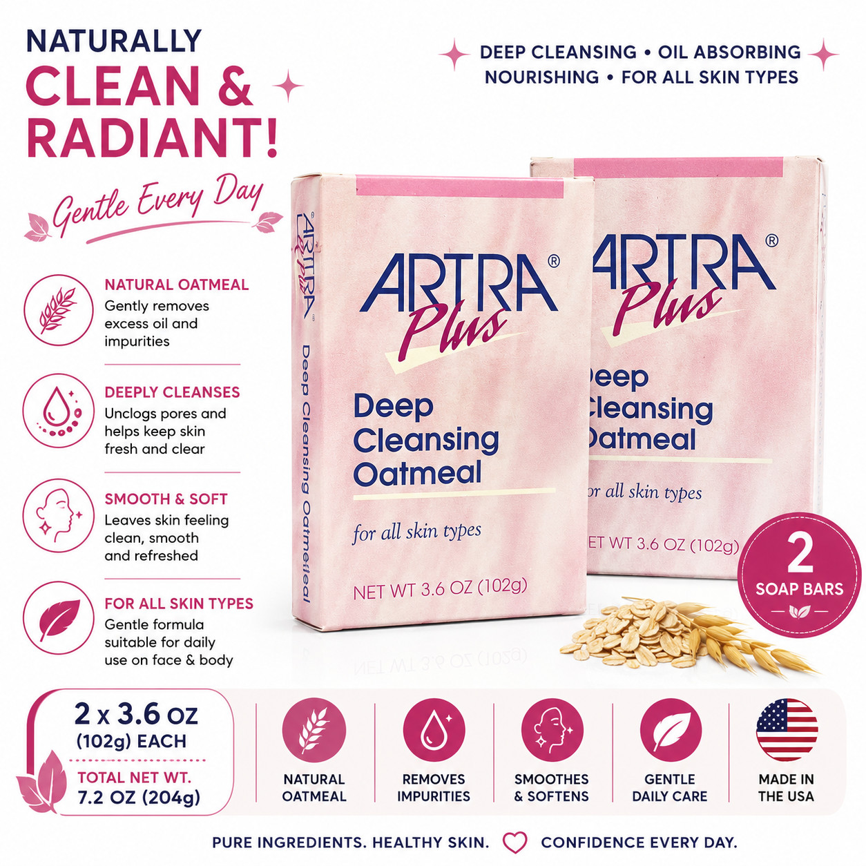NEW LOT 2 Artra Plus Deep Cleansing Oatmeal Bar Soap 3.6 oz