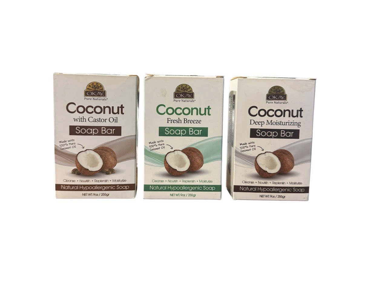 OKAY COCONUT DEEP MOISTURIZING ,Fresh & Castor Oil SOAP BAR ( 3 Mixed Packs )