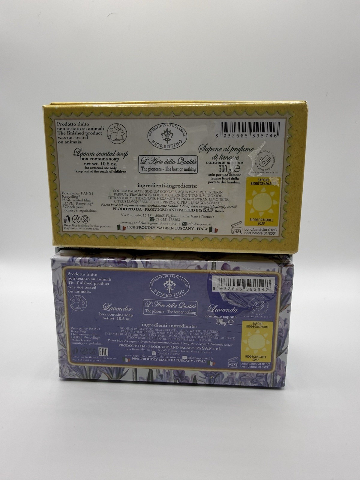 Italian Soap Set Florentine Lemon & Tuscan Lavender Bar Soap Gift Box 300g x2