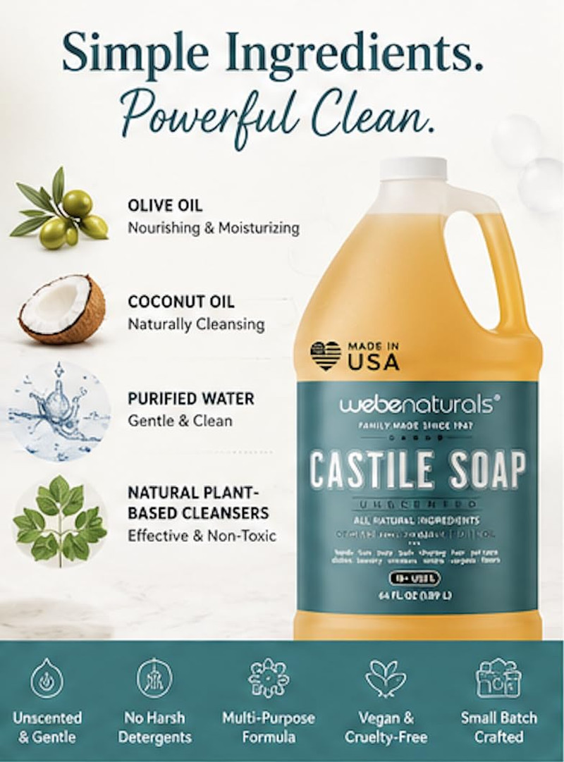 Pure Unscented Castile Liquid Soap Refill, 64 Ounce | Vegan & Gluten Free Non-Gm