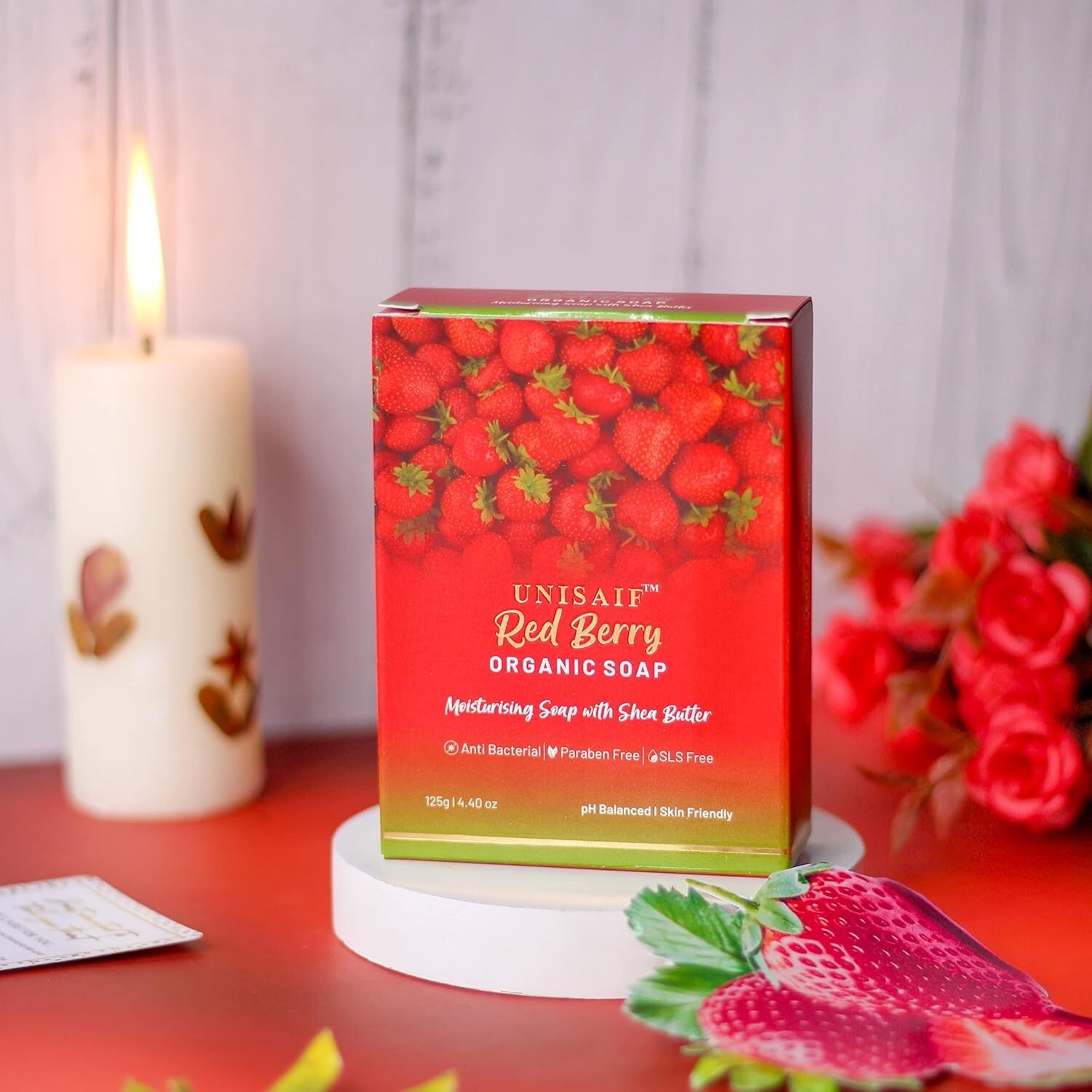 Unisaif Red Berry Strawberry Shea Butter Bar Soap 125g – Organic, Moisturizing