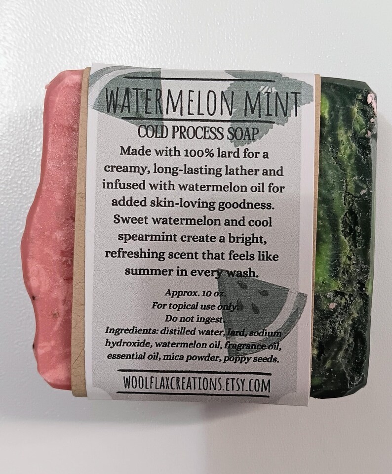 Watermelon Mint Cold Process Soap Bar | Lard, Poppy seeds, Watermelon Seed Oil