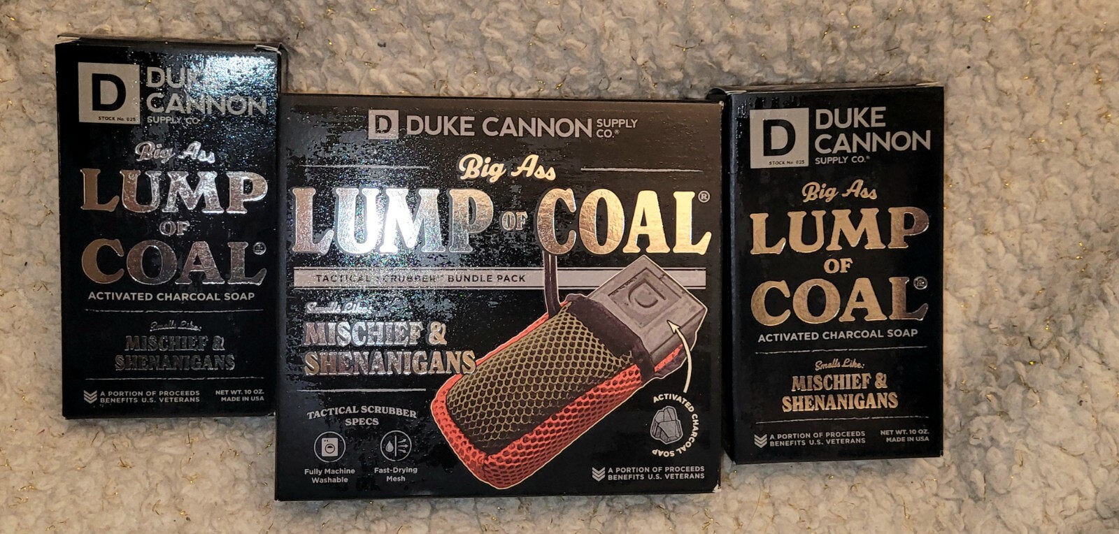 New DUKE CANNON Big Ass Lump Of Coal Charcoal Soap (3) W/ Tactical Scrubber
