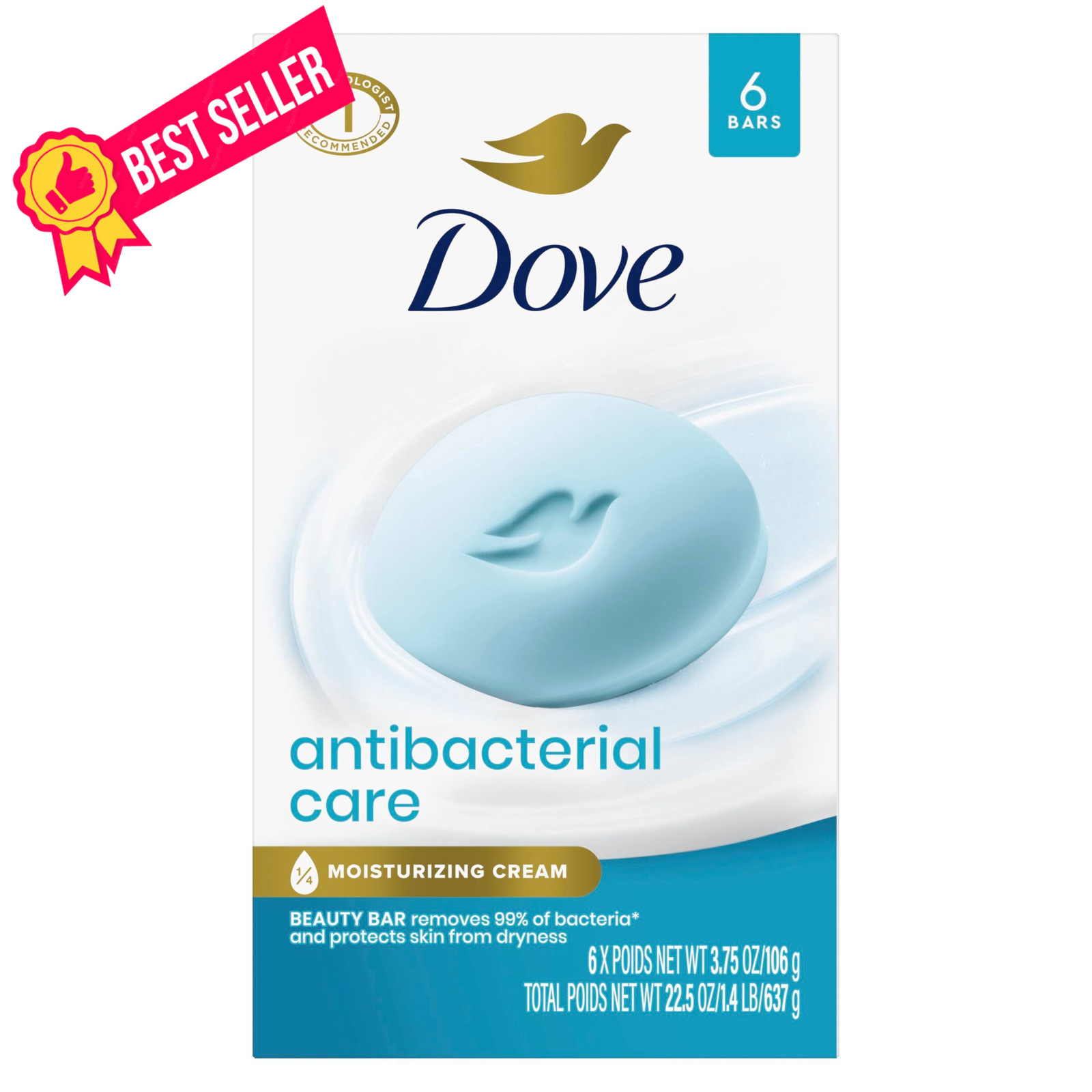 Dove Antibacterial Care Beauty Bar Soap 6 3.75 Ounce (Pack of 6), White