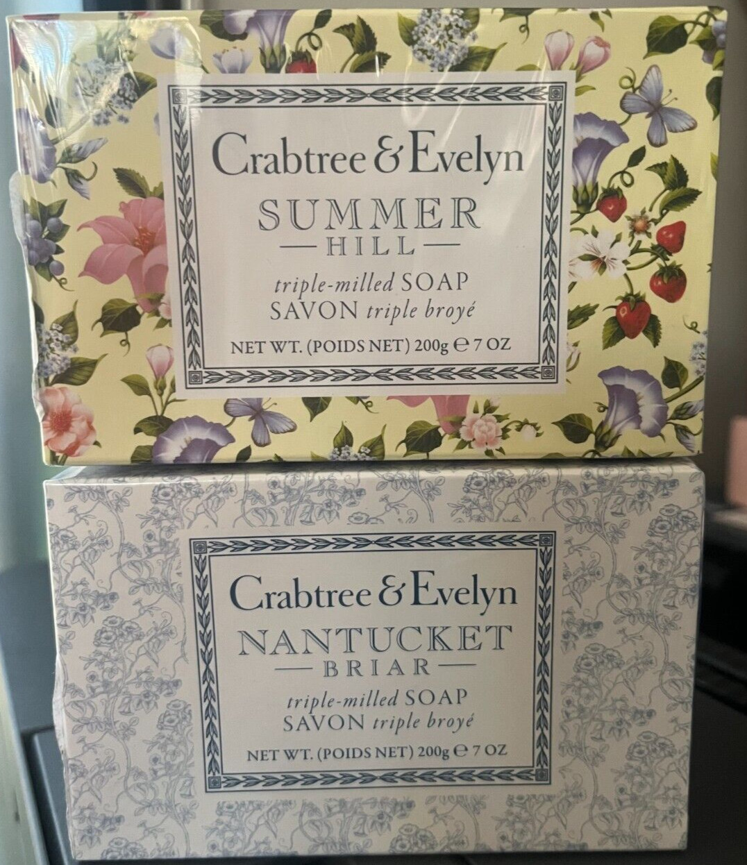 CRABTREE&EVELYN TRIPLE MILLED SOAP SET NANTUCKET BRIAR & SUMMER HILL 7OZ EACH