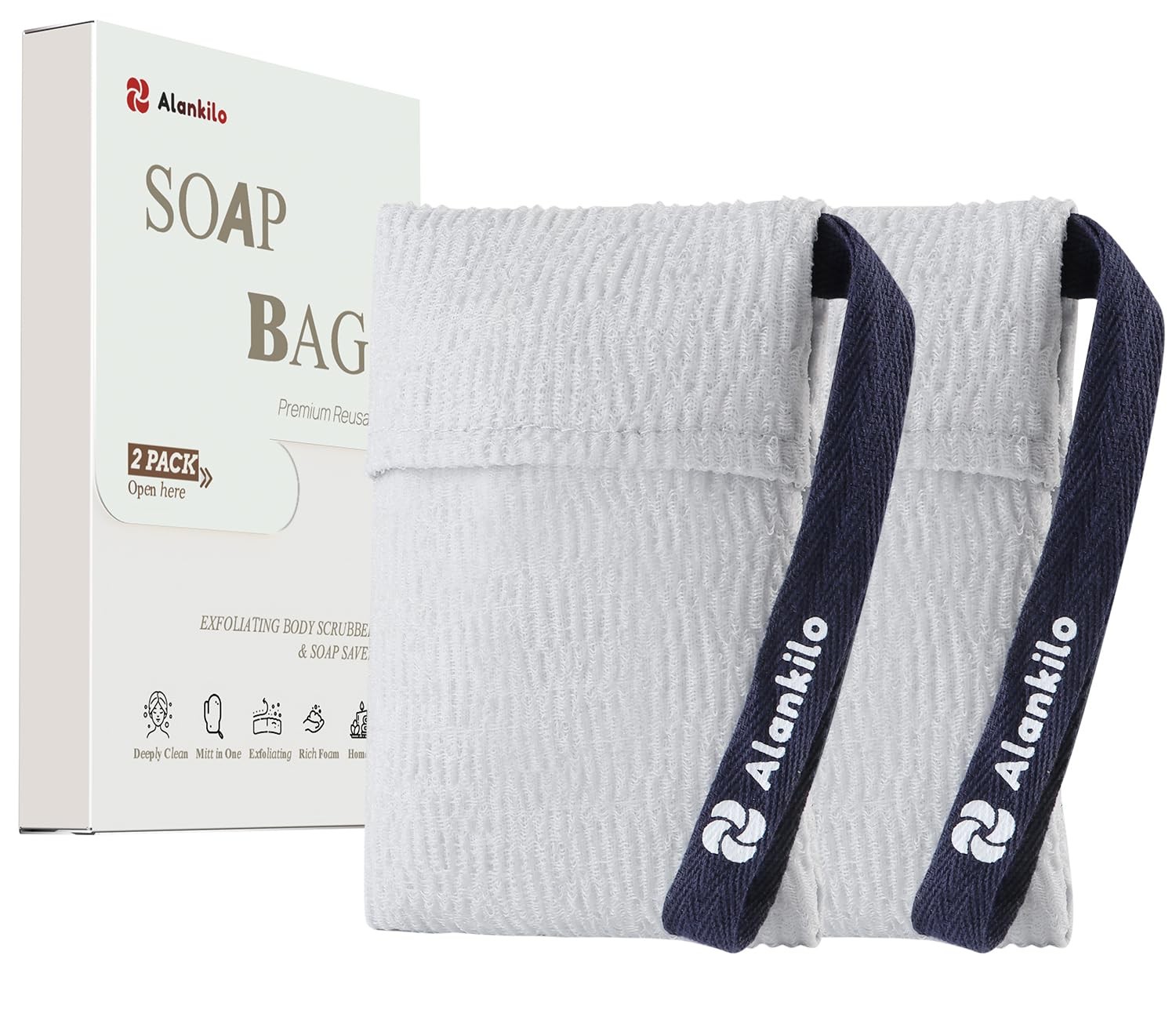 Alankilo 2 Pieces Soap Bags, Exfoliating 0.85 Ounce (Pack of 2), Light Grey