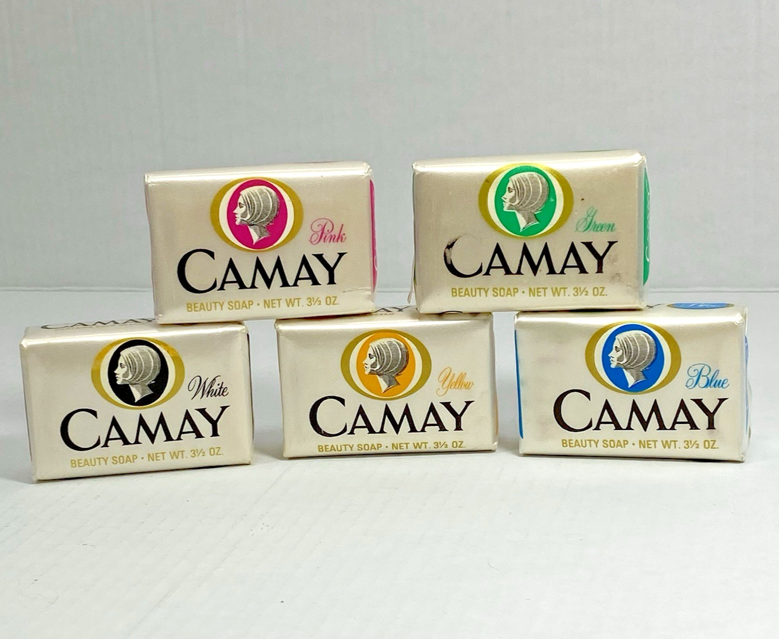 NOS 5 Vintage Camay Beauty Bar Soap Cold Cream Pink Yellow Green Blue White 3.5
