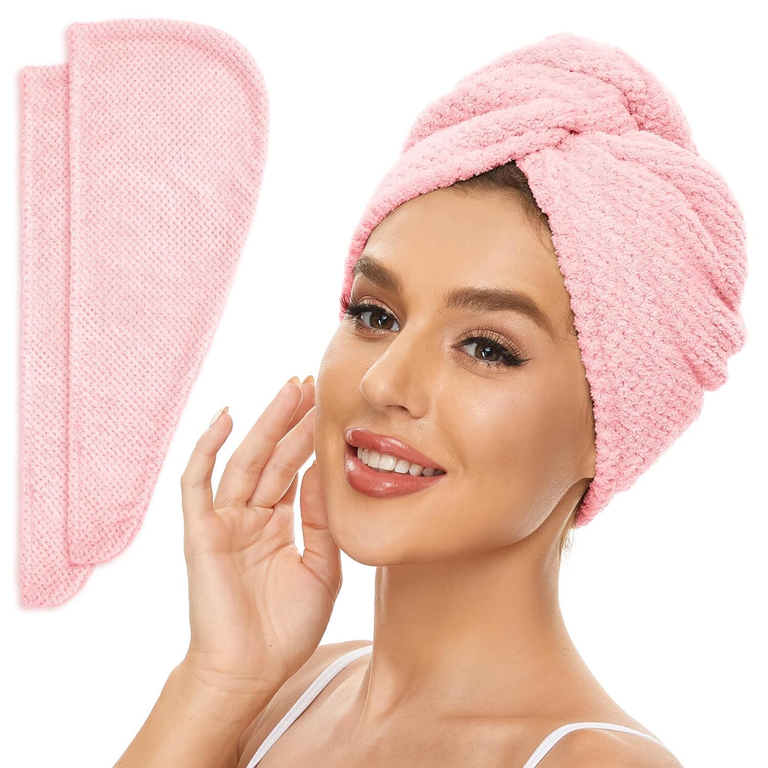 Microfiber Hair Towel for All Style, 2 Pack Quick Drying Pink