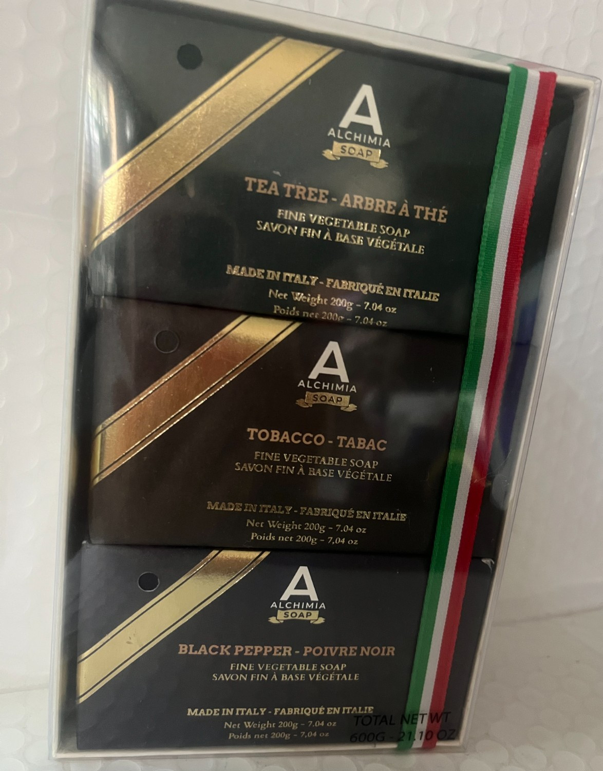 ALCHIMIA SOAP FINE VEGETABLE SOAP TRIO TEATREE,TOBACCO,BLACK PEPPER 7.04OZ EACH