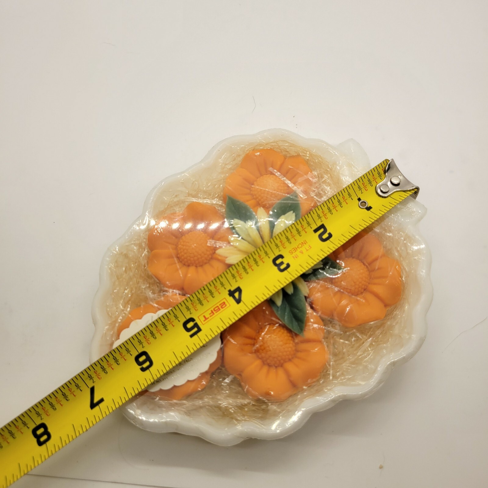 Vintage Delagar Orange Floral Guest Soaps sealed in Package Milk Glass Dish