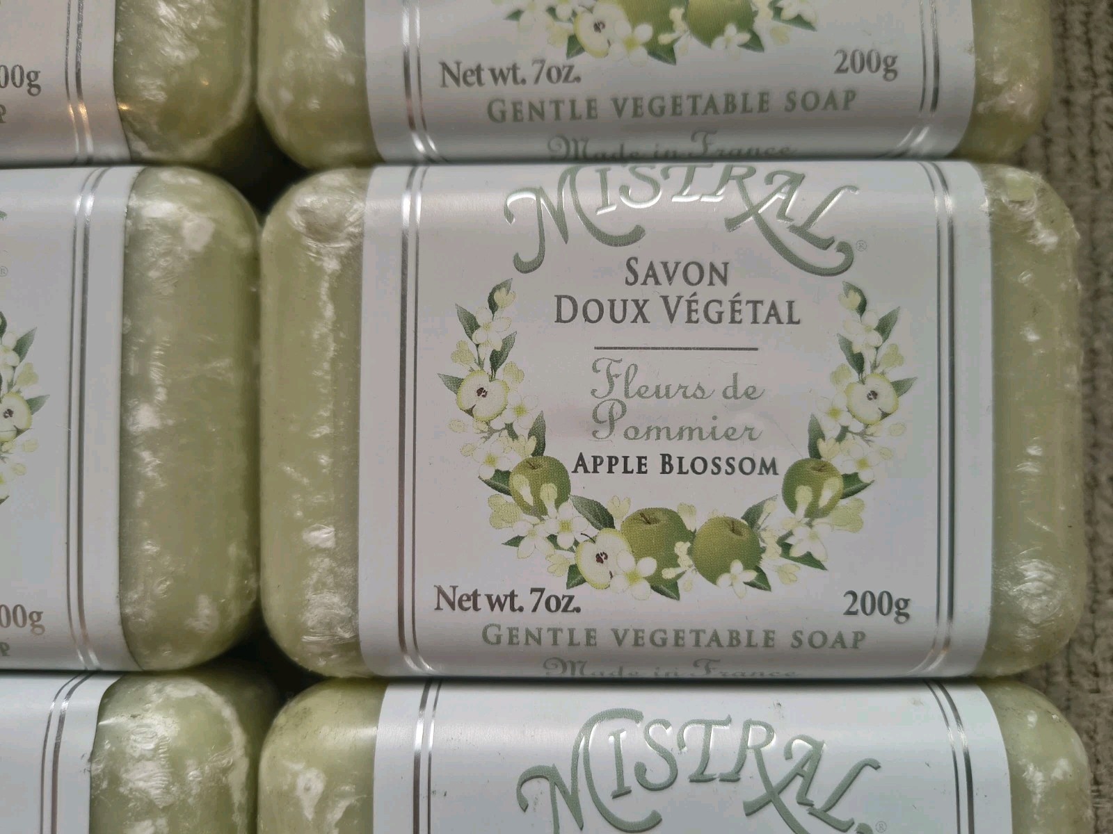 Mistral APPLE BLOSSOM Gentle Vegetable Organic Soap Bar 200g/7oz EA France 6 LOT