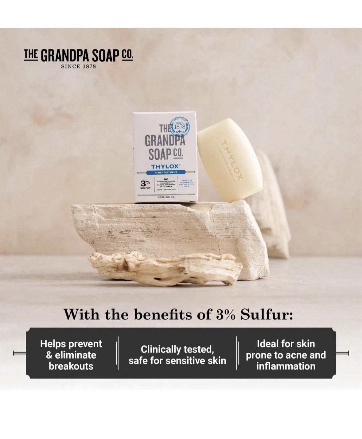 3 Pack The Grandpa Soap Company Thylox Acne Treatment Bar Soap 4.25 Oz