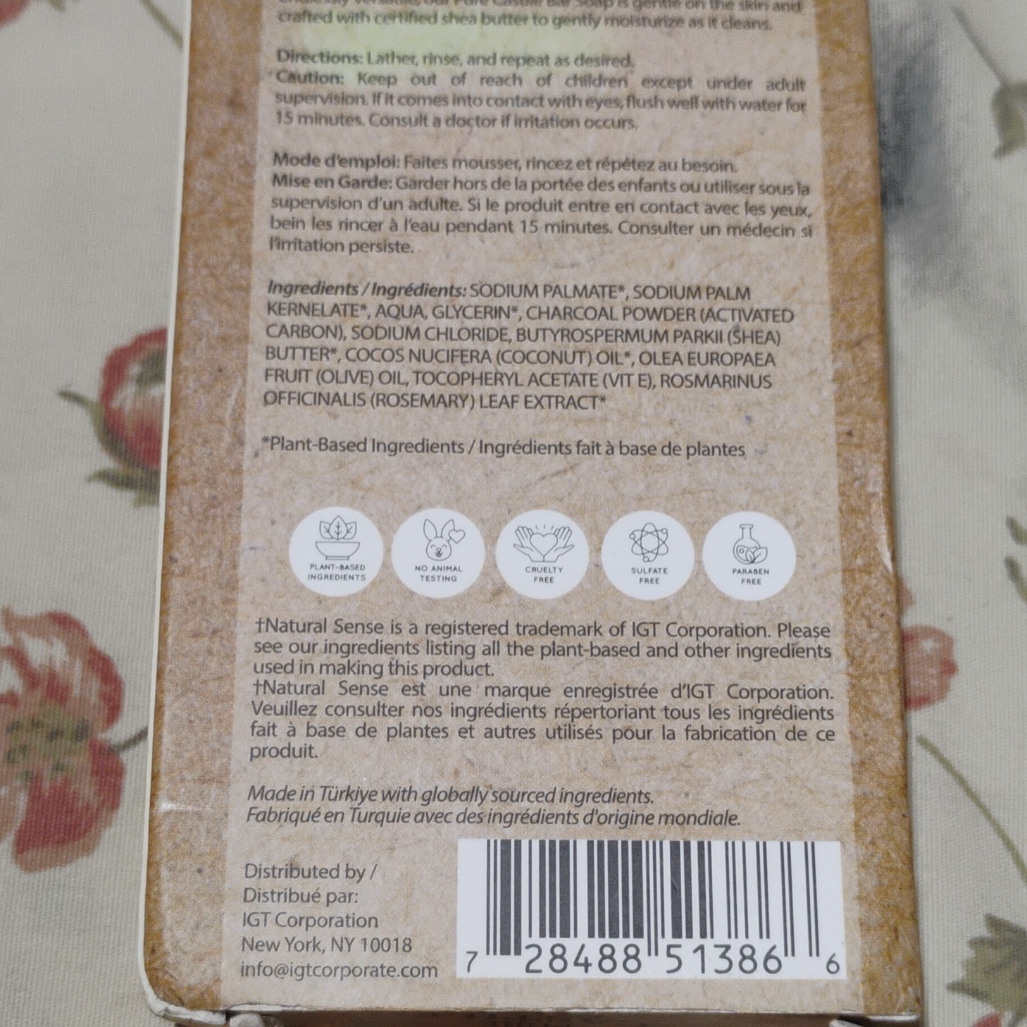 Natural Sense Plant-Based Castile Soap Bar Activated Charcoal 5 oz, Sulfate-Free